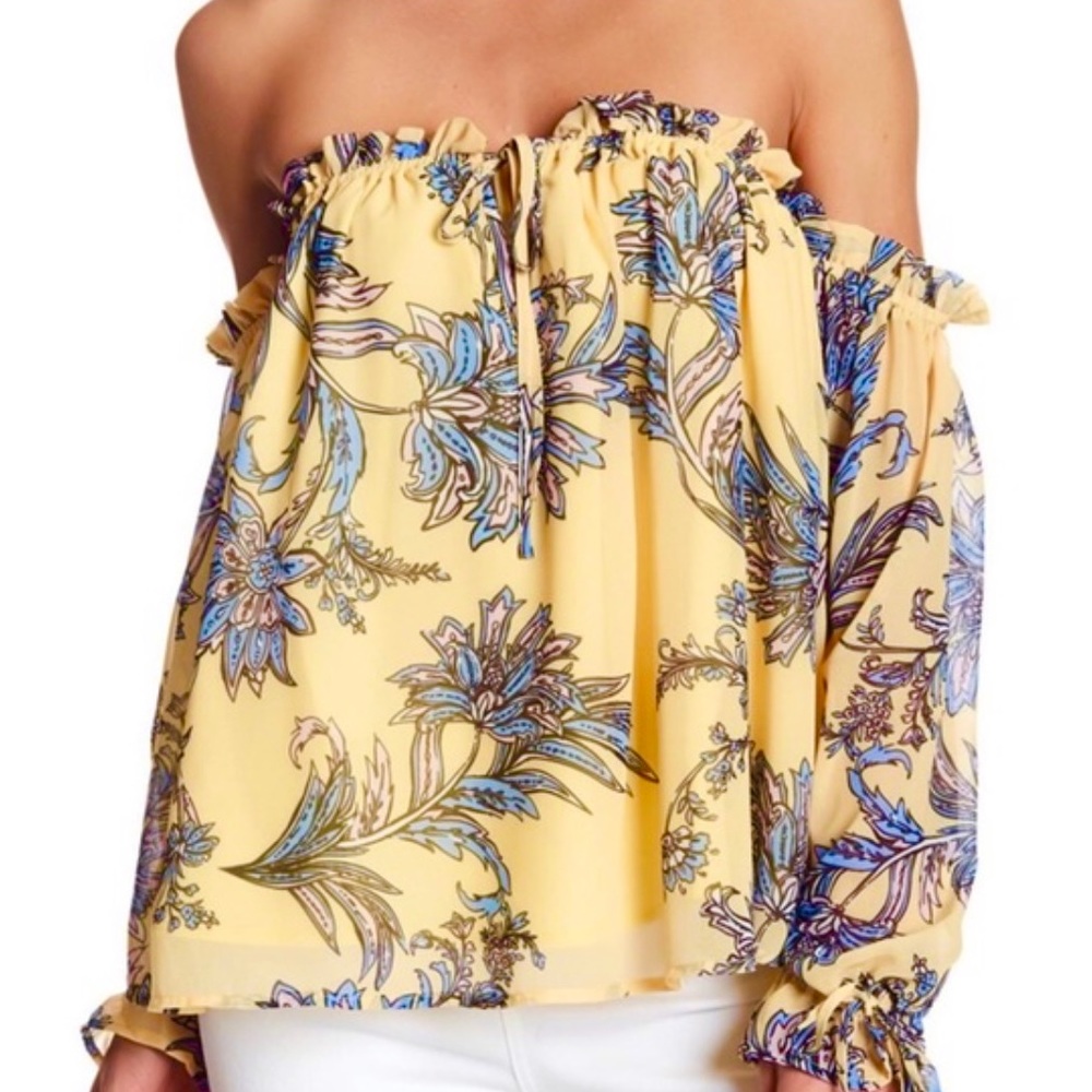 Yumi Kim Off Shoulder Ruffle Ruched Blouse Yellow Pink Blue Top Small New !